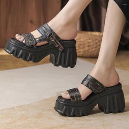 Slippers Summer Outside British Style Fashion 10CM Super High Heels Platform Peep Toe Graffiti Genuine Leather Women Rome