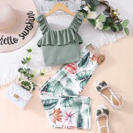 Clothing Sets Summer Fashion Girls Square Neck Flying Sleeve Flower Belt Pants Set Teenage Girls Clothing Summer Clothes Girls Clothing Set Y240520Q78N