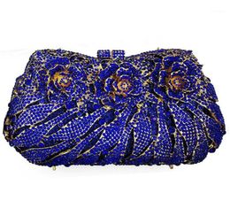 Gold Metal Evening Clutch Blue Crystal Purse Women Floral Phone Bag Ladies Rhinestone Diamond Mini Clutches Female Bags13618629