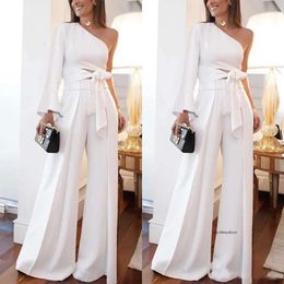 Evening White One Shoulder Pant Suits Poet Long Sleeve Cutaway Sides Wide Jumpsuits Women Casual Party Dress 0521
