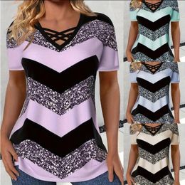 Women's T Shirts Geometric Striped Patchwork T-Shirt V-Neck Cross Short Sleeve Loose Top Casual Contrast Colour Print Ladies 2024
