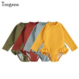 One-Pieces Tregren 1-5Y childrens swimsuit pleated long sleeved knitted solid Colour swimsuit childrens hot spring pool bathrobe beach suit d240521