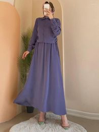 Ethnic Clothing Elegant Temperament Muslim Female Suit Solid Long Sleeve Drawstring Top A-Line Half Body Skirt Comfortable Trendy Summer