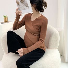 625# Autumn Winter Across V Neck Knitted Maternity Nursing Sweaters Slim Hot Breastfeeding Shirt Pregnancy Breast Feeding Tops L2405