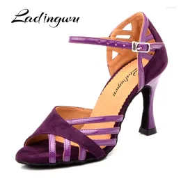Dance Shoes Ladingwu Latin Women Suede And PU Purple Salsa Party Ballroom Cuba Heel 9cm Ladies Sneaker