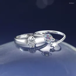 Cluster Rings 2pcs Couple Ring Happy Planet Astronaut Moonstone Pair Light Luxury Personality Space