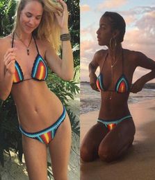 Handmade Crochet Bikini Set Rainbows Rasta Women Swimwear Push up Sexy swimsuit Vacation X07016013188