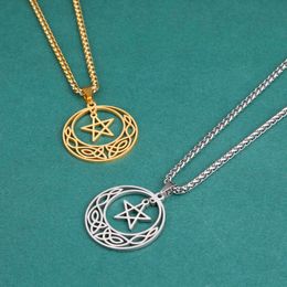 Pentagram Star And Moon Necklace For Women Men Celtics Knot Pendant Choker Wicca Amulet Vintage Jewellery Birthday Gifts