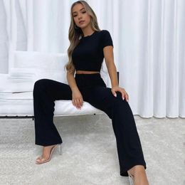 Women's Two Piece Pants Women Two-piece Suit Elastic-waist Flared Trousers Slim Fit Crop Top Wide Leg Set For Casual Daily Outfit Solid