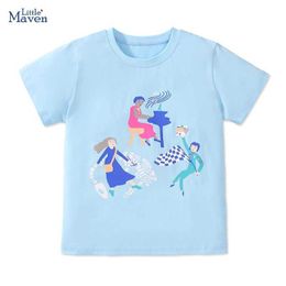 T-shirts Little maven 2024 Summer Toddlers Childrens Clothing Birthday Gifts Blue T shirts Cartoon Baby Girls Kids Clothes Cotton Y240521