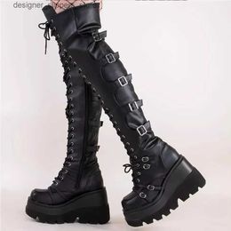 Boots Gothic thick high heels womens platform wedge motorcycle boots knee boots army stripped boots punk lace up buckle length Q240521