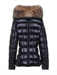 Fashion Womens Parka Glossy Down Jacket Hood British style Fur Womens Coats Doudoune Femme Black White Orange Winter Jacket5201012