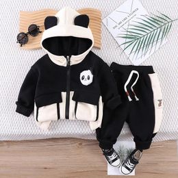 Clothing Sets Autumn Winter Children Boy 2PCS Clothes Set Panda Ear Hooded Patch Outwear Coat Drawstring Sticker Baby Outfit Kid Suits