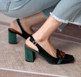 Green Slingbacks Lady Dress Shoes Fashion Designer Fringe Velvet High chunky heel Women Pumps2756846