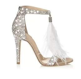 2024 Elegant Nude Crystal Embellished High Heel Sandals Feather Tassel Gladiator Sandals Women Shoes Pumps Female Wedding Sandalias