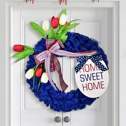 Decorative Flowers Day Decoration Independence Garland Patriotic Wreath Set White Blue Tulip Berry For Front 4th