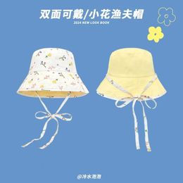 French Sweet Floral Double-sided Bucket Hats for Women Spring and Summer Big Brim Outdoor Sun Protection Cute Lace-up Sun Caps 240521
