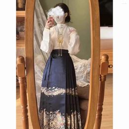Work Dresses Chinese Style Horse Face Skirt Set Women Dress Premium Shirt Half Mid Length Pleated Two Piece Outfits
