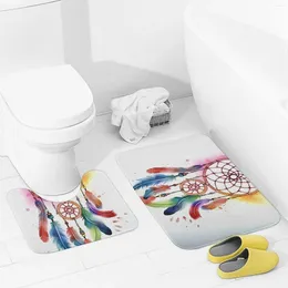 Bath Mats Bathroom Rugs Sets 2 Piece Watercolor Dream Catcher Absorbent U-Shaped Contour Toilet Rug