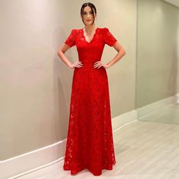 Red Lace Mother Of The Bride Dresses With Short Sleeves V Neckline A Line Wedding Guest Dress Floor Length Plus Size Evening Gowns