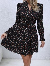 Casual Dresses Fashion Women Floral A-Line Patchwork V-Neck Dress Stretch High Waist Womens Long Sleeve Autumn Slim Pullover