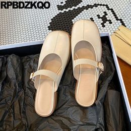 Slippers Flats Ivory Strap Belts Sandals Korean Mules Square Toe 34 Slides Real Leather Cow Skin Shoes Women Mori Half Summer