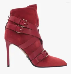 Boots Red Suede Belt Buckle Ankle Women Cow Leather Pointed Toe Short Runway Shoes Lady Slip-on Stiletto High Heels Woman