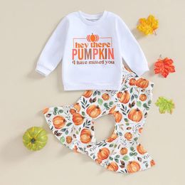 Clothing Sets BeQeuewll Toddler Girls 2 Piece Outfits Halloween Letter Pumpkin Print Long Sleeve Sweatshirt And Flare Pants Set Cute Clothes