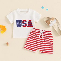 Clothing Sets Toddler Kids Baby Boys Summer Independence Day Clothes Short Sleeve Letter Embroidery T-shirts Striped Shorts Outfits