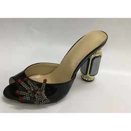 women Ladies 2024 Genuine real leather Rhinestone high heels sandals summer Flip-flops slipper slip-on wedding dress Gladiator shoe e8a