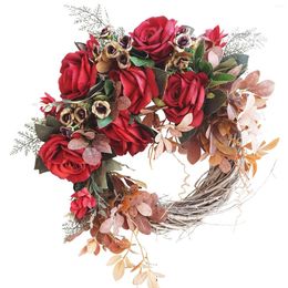 Decorative Flowers Home Decor Fall Wreath Thanksgiving Leaves For Front Door Natural Rattan Gift Garland Artificial Rose Indoor Outdoor