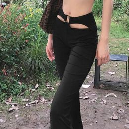 Women's Pants High Street Fashionable Boot Cut Women Waist Hollow Out Flare Trousers 2024 Summer Casual Striped Bodycon