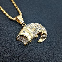 Hip Hop Ice Out Bling Fish Pendants Necklaces For Women/Men 14K Gold Animal Jewelry Cute