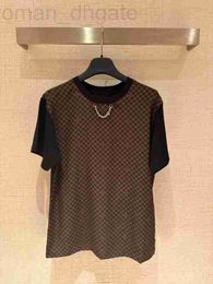 Women's T-Shirt designer 24 Checkerboard Printed Top with Short T, Black and Brown Splicing, Silk Glazing Technology, Comfortable Breathable 1S1U