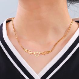 Angel Wings Pendant Necklaces Cuba Chain Stainless Steel Heart Necklace Gold Color Jewelry Women Birthday Gift Wholesale