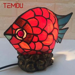 Table Lamps TEMOU Tiffany Glass Lamp LED Creative Novelty Red Small Fish Desk Light For Home Study Bedroom Bedside Decor