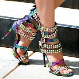 Women New Fashion Open Toe Gold Rivet Stiletto Gladiator Strap Buckles High Heel Sandals Pa c56