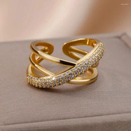 Wedding Rings Zircon Double Cross Shape For Women Gold Plated Stainless Steel Ring Luxury Couple Aesthetic Jewerly Gift