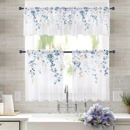 Curtain 2pcs Simple Country Pastoral Style Blue Leaves Watercolor Flowers Home Bedroom Room Kitchen Curtains Dining Cafe Sunshade Cloth