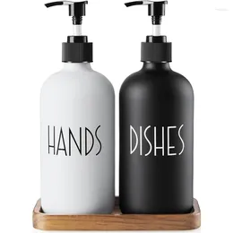 Storage Bottles 16 OZ Hand Soap Dispenser Set With Pump And Acacia Wood Tray -Black White Modern Farmhouse Kitchen Bathroom Decor