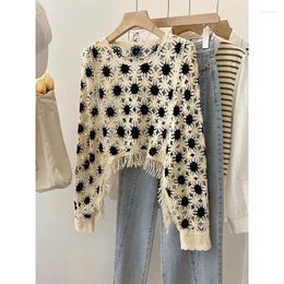 Women's Blouses Spring Ladies Blouse For Women O-neck Knitting Crochet Hollow Out Tassels Long Puff Sleeve Tops Vintage Casual Shirts