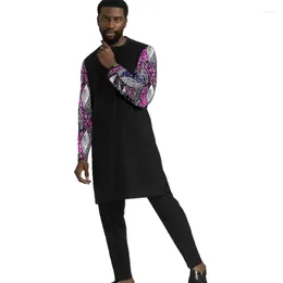 Men's Tracksuits Printed Sleeve Patchwork Shirt With Solid Pant Black Groom Suit Male Naija Outfits Custom Made African Party Wear