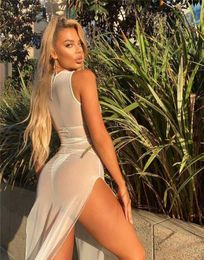 Sexy Sheer Mesh Sleeveless Long Dress with Side Split White Beachwear Cover Up Vacation Outfits Summer 20213825009