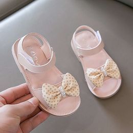 Girls Solid Pink Sweet Open-toe Sandals 2022 Summer New Flat Kids Fashion Soft Children Casual Korean Style Bow PU Hook & Loop