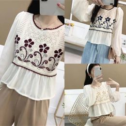 Women's Blouses Women Peplum Tops Long Sleeve Blouse T-shirts Sweet Floral Crochet Knit Crop Top Shirts N7YF