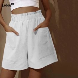 Oversized Cotton Linen Solid Wide Leg Pants Elastic Pockets Splicing High Waist Summer Loose Casual White Shorts Women Clothing 240521