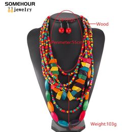 SOMEHOUR Summer Jewellery Wood Necklace Rainbow Beads Long Chain Round Wooden Earrings Bohemian Pendant Dangle Set For Women Gifts