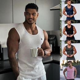 Summer Mens vest Knitted Vertical Stripe Sports Fitness Sleeveless Tshirt Gym running training bodybuilding Tank Top 240518