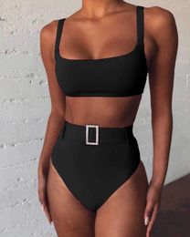 Women's Swimwear Sexy Imitation Diamond Belt Padded High Waist Bikini Female Swimsuit Women Solid Bather Bathing Suit Swim Lady