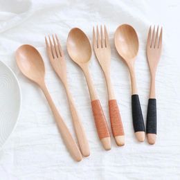 Spoons 2Pcs/Set Natural Wood Spoon Fork Handmade Wooden Dinner Kit Rice Soup For Kitchen Supplies